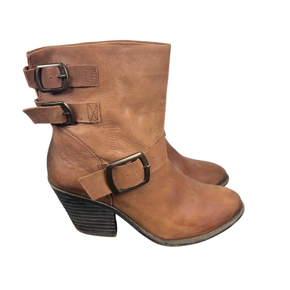 Lucky Brand Ankle Boots Genuine Leather Buckle Moto Western Cognac Brown 9.5 M